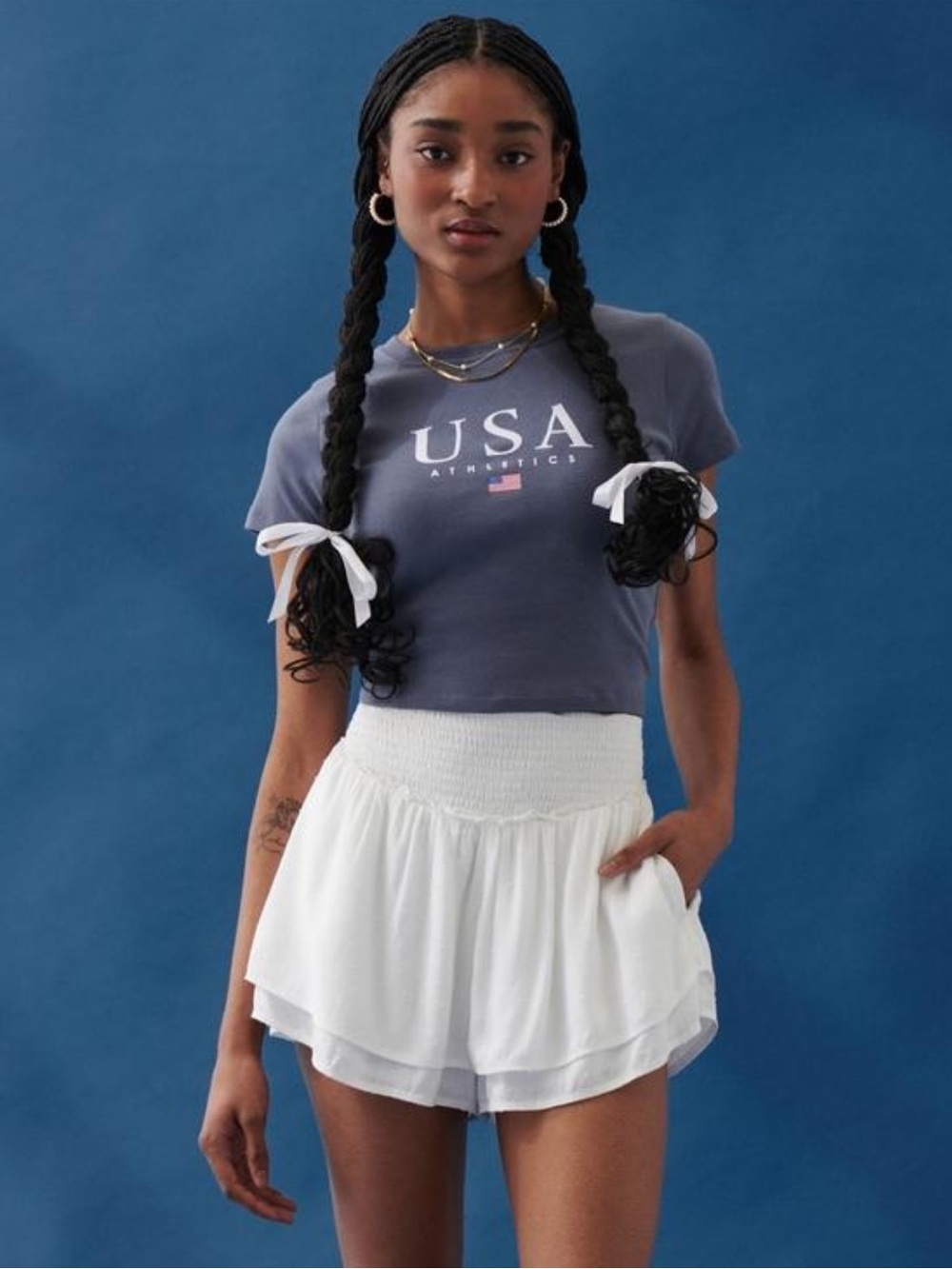 🇺🇸 Hollister USA Athletics Cropped Graphic Baby Tee Blue Gray Size L